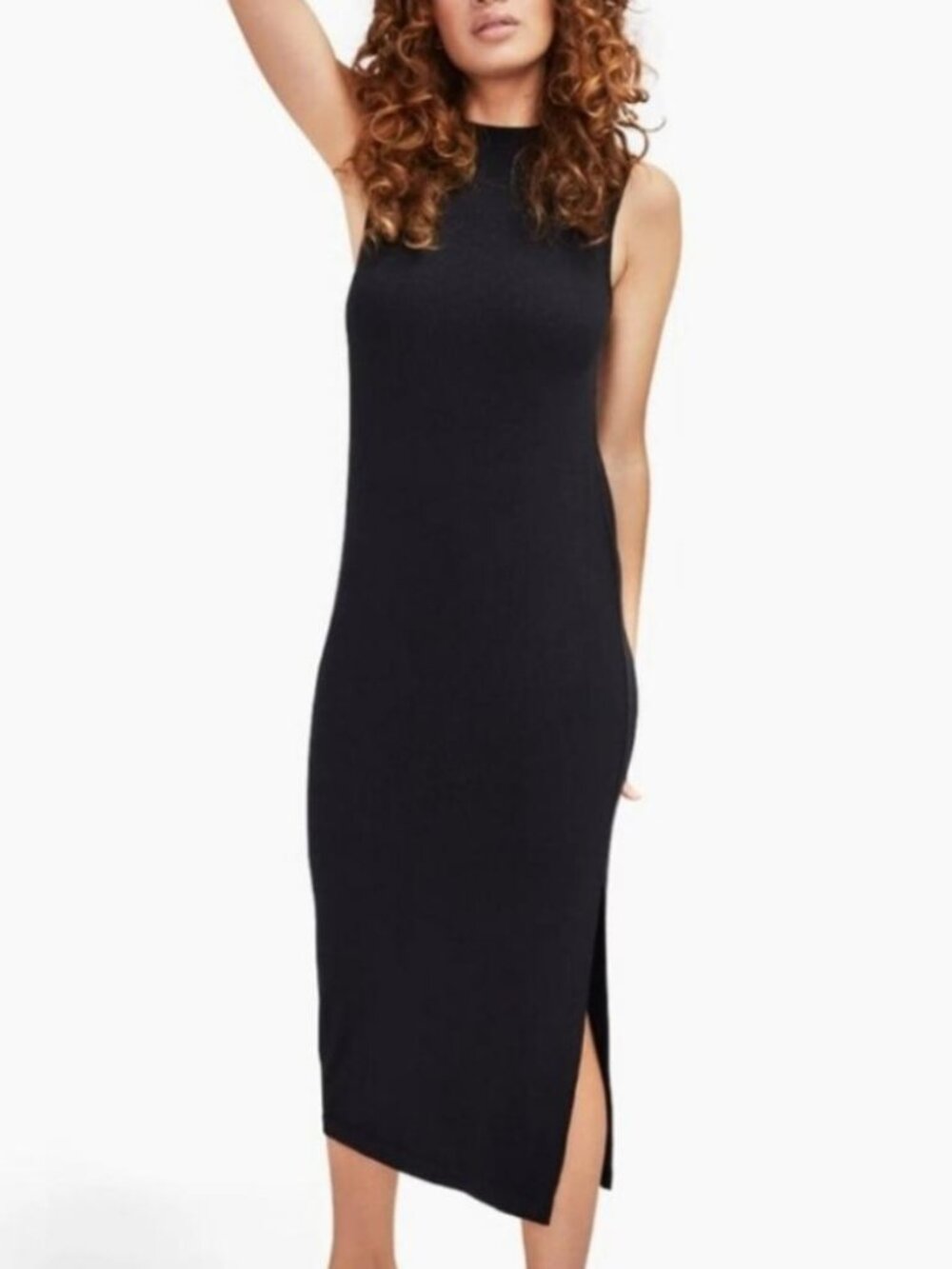 Naadam black high-neck knit column maxi dress stretch modal cashmere blend slit
